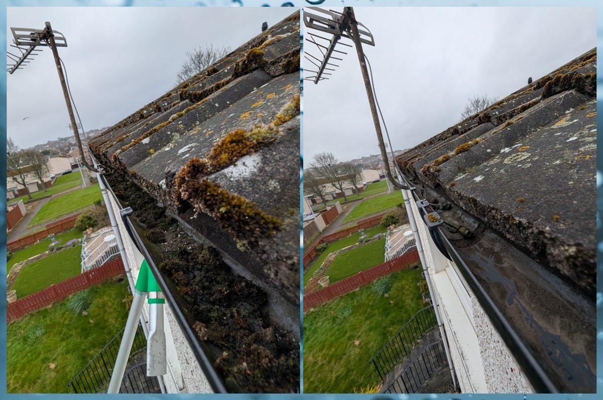 Blocked gutter before clearing and the same gutter after cleaning